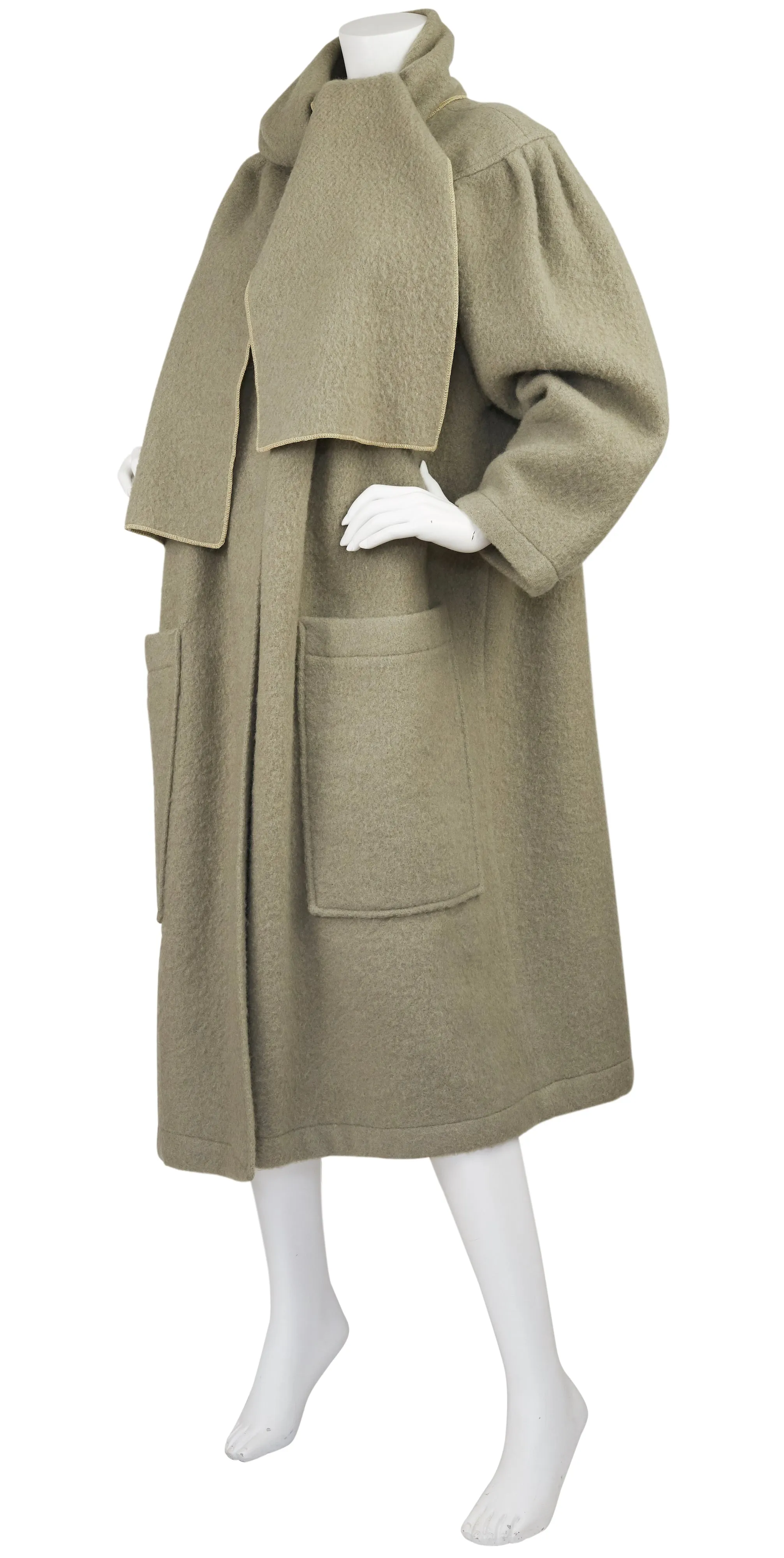 1970s Green Wool Oversized Scarf Coat