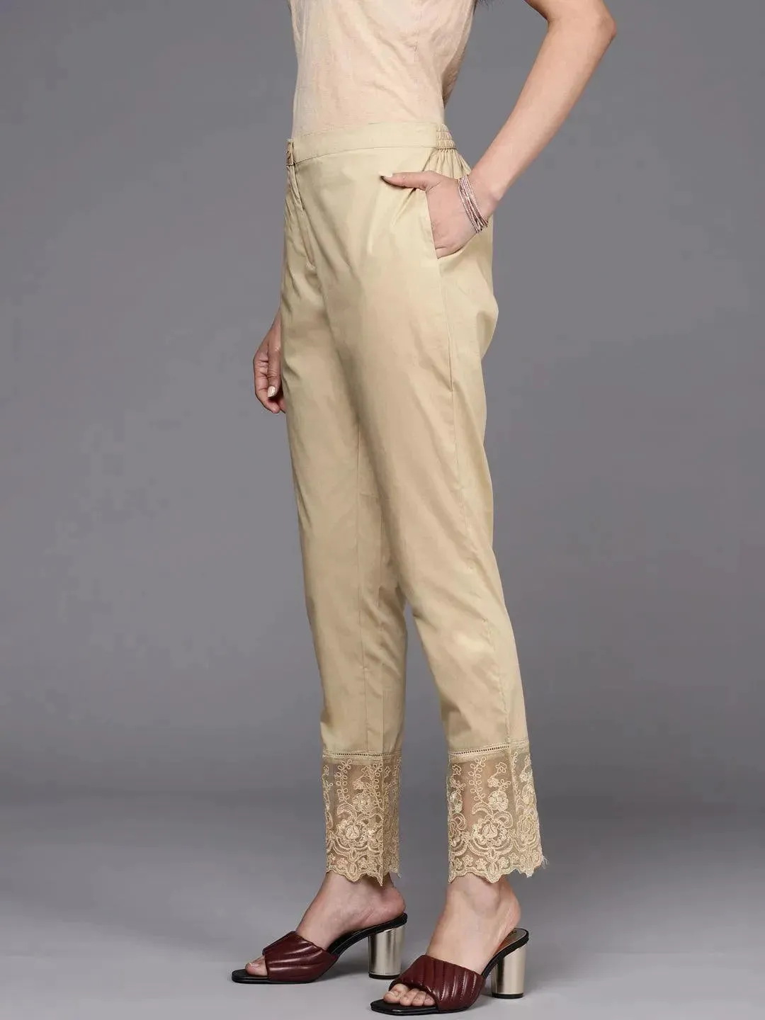 Beige Solid Cotton Trousers