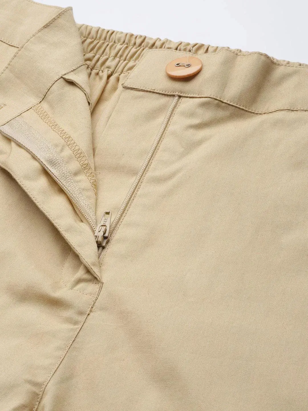 Beige Solid Cotton Trousers