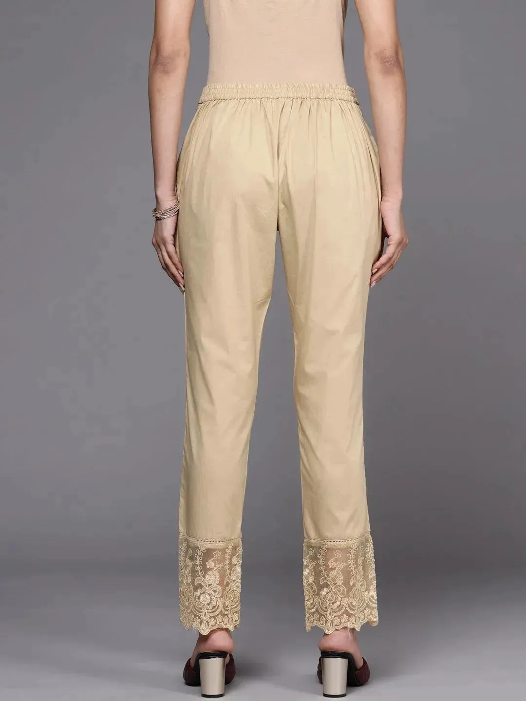 Beige Solid Cotton Trousers