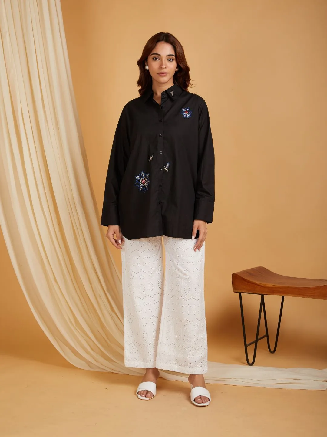 Black Cotton Embroidered Shirt