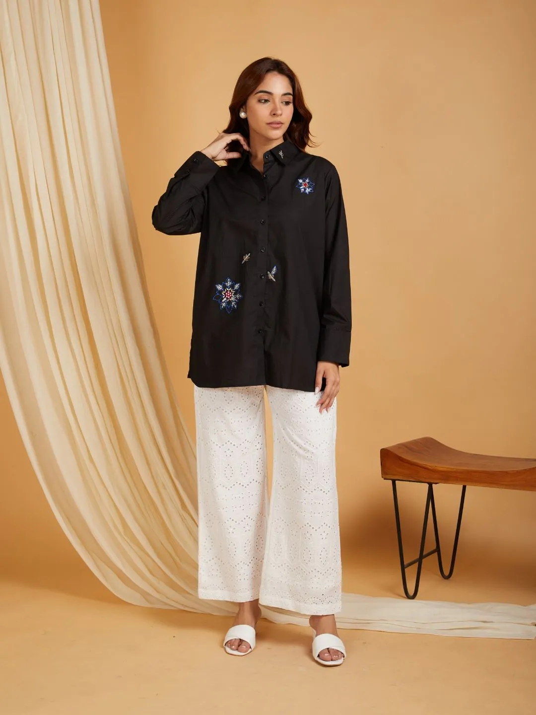 Black Cotton Embroidered Shirt
