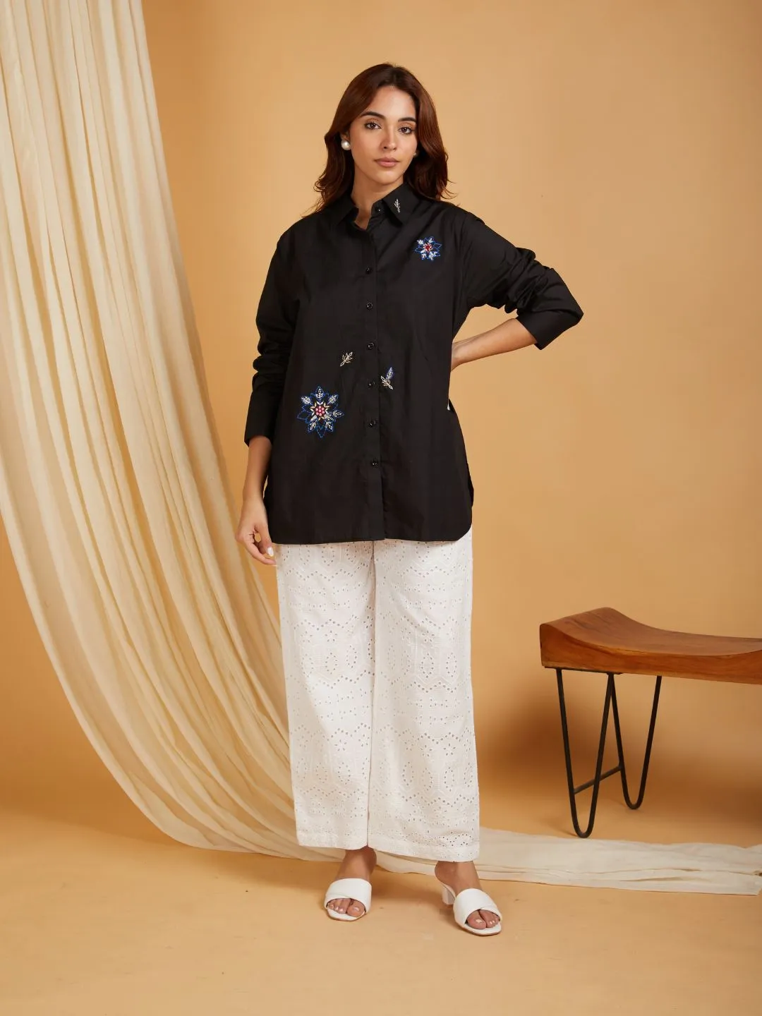 Black Cotton Embroidered Shirt