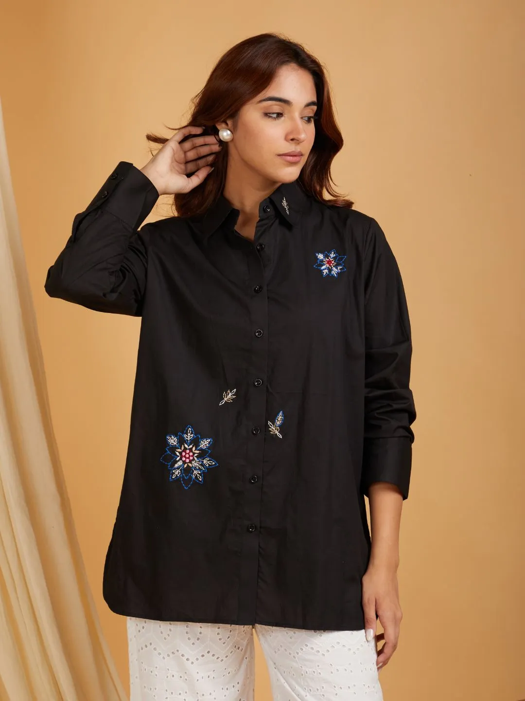 Black Cotton Embroidered Shirt