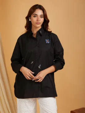 Black Cotton Embroidered Shirt