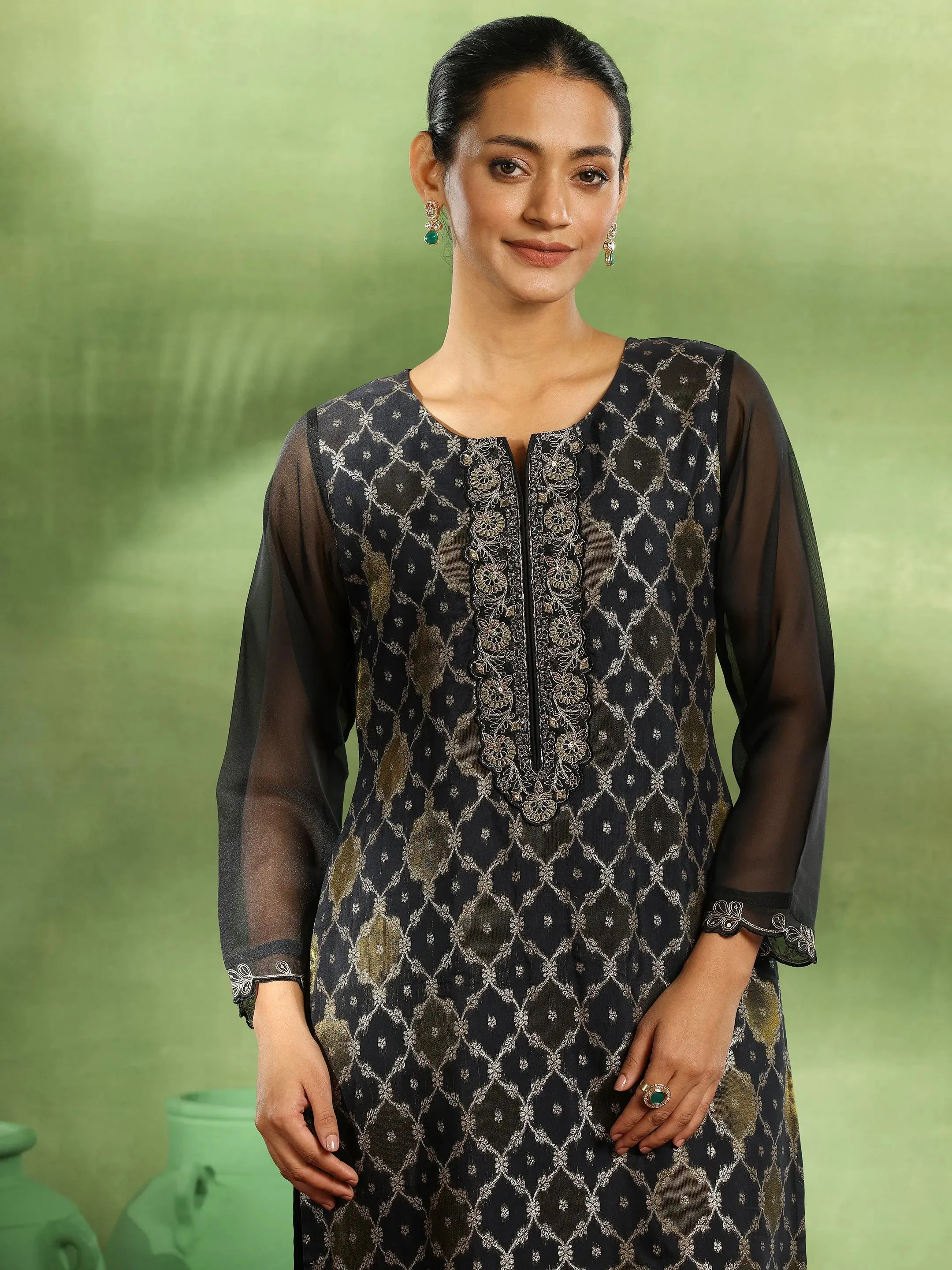 Black Woven Design Organza Straight Suit With Dupatta