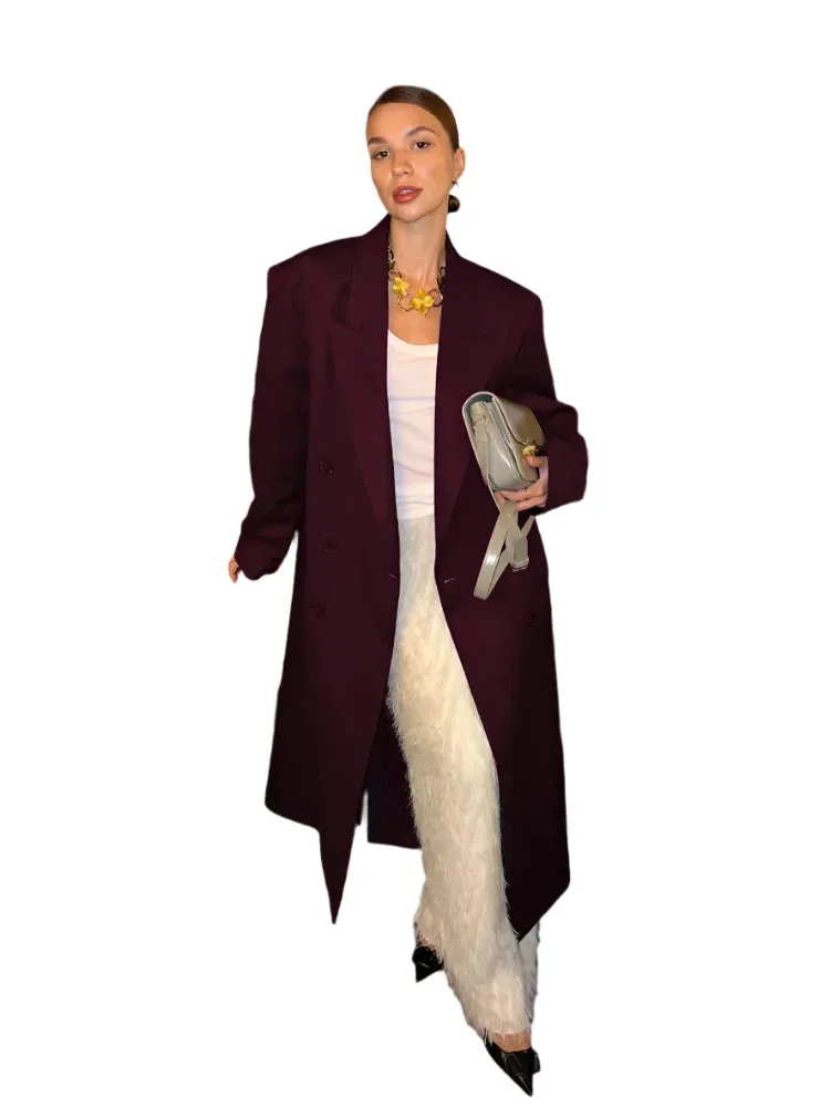 Burgundy Red Oversized Double-Breasted Women's Overcoat – Casual Lapel Coat with Pockets and Long Sleeves for High Street Style