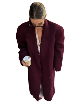 Burgundy Red Oversized Double-Breasted Women's Overcoat – Casual Lapel Coat with Pockets and Long Sleeves for High Street Style