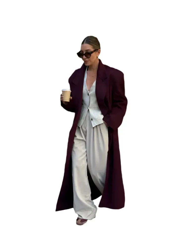 Burgundy Red Oversized Double-Breasted Women's Overcoat – Casual Lapel Coat with Pockets and Long Sleeves for High Street Style