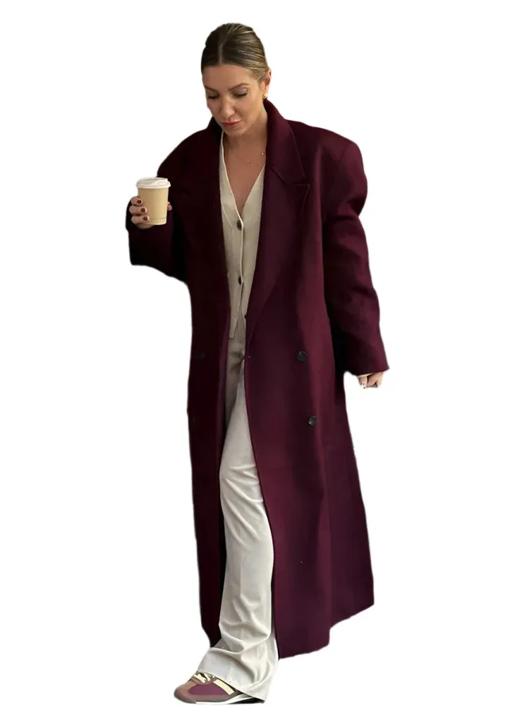 Burgundy Red Oversized Double-Breasted Women's Overcoat – Casual Lapel Coat with Pockets and Long Sleeves for High Street Style