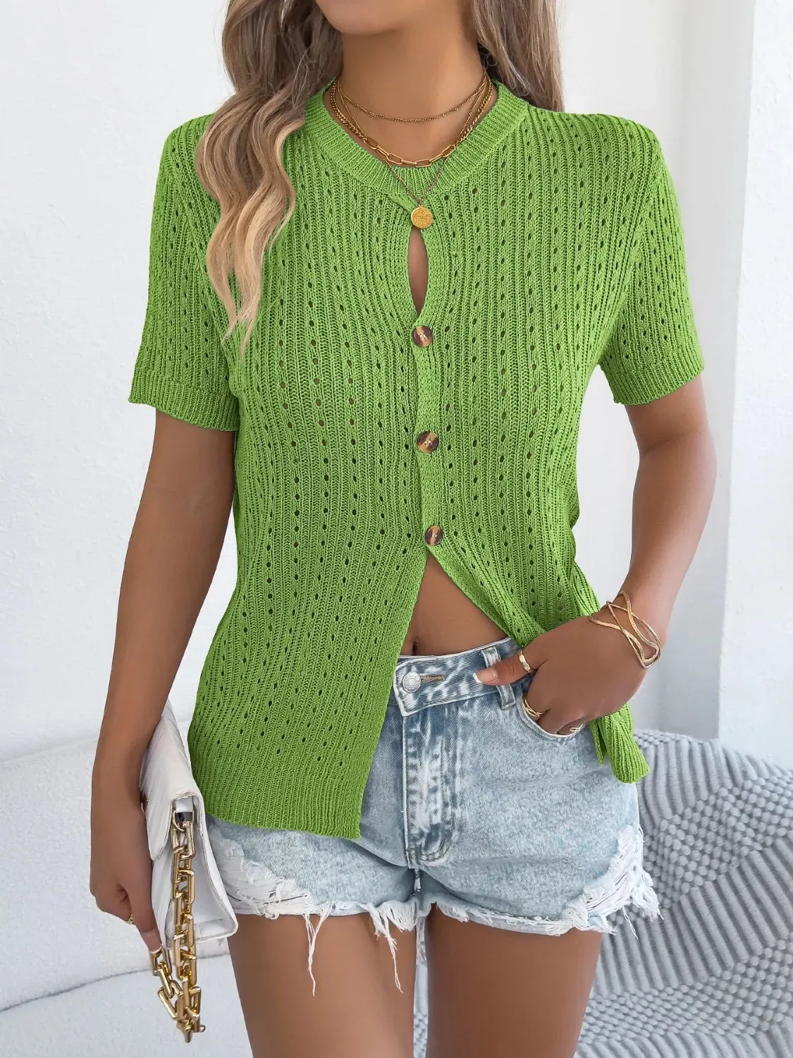 Button Up Short Sleeve Knit Cardigan
