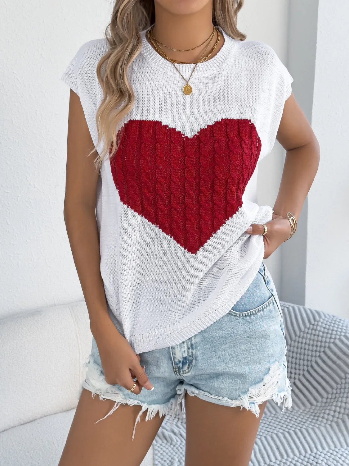 Cable Knit Heart Round Neck Cap Sleeve Knit Top