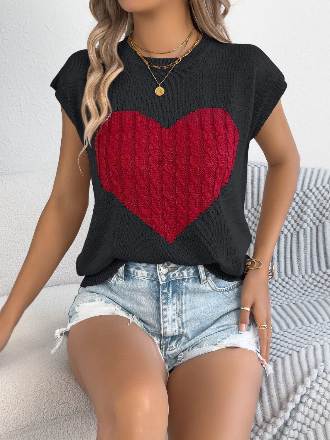 Cable Knit Heart Round Neck Cap Sleeve Knit Top