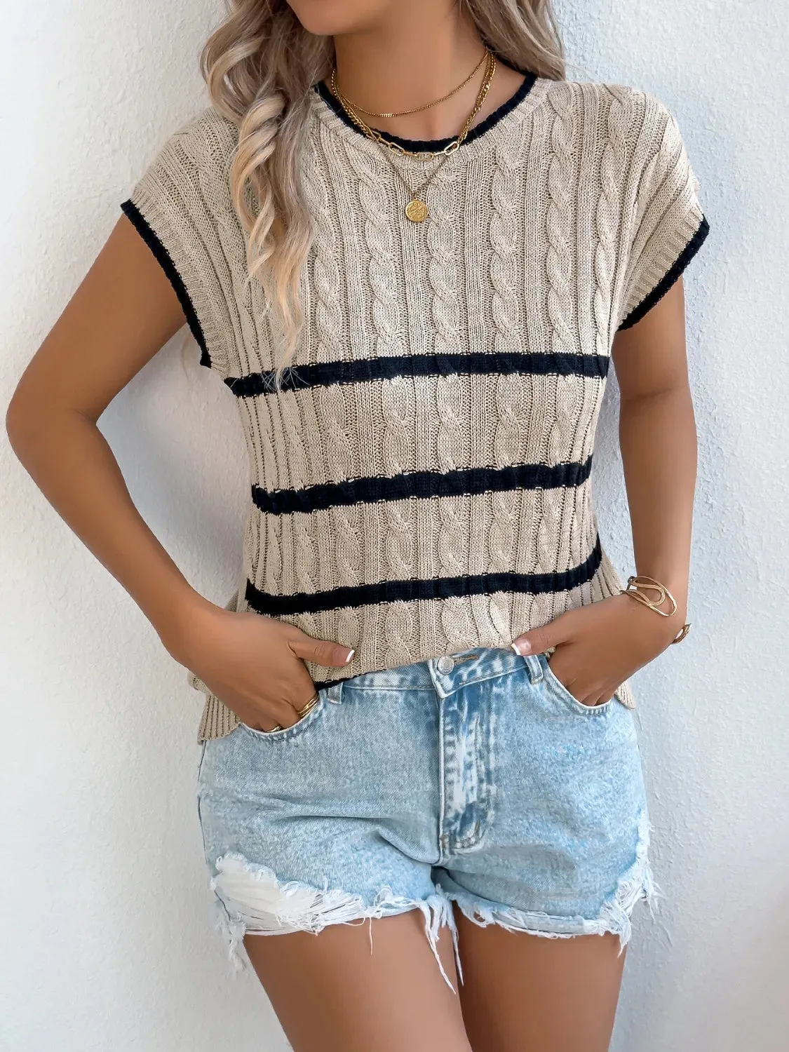Cable-Knit Striped Round Neck Knit Top