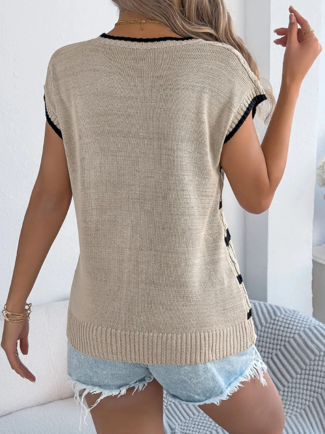 Cable-Knit Striped Round Neck Knit Top