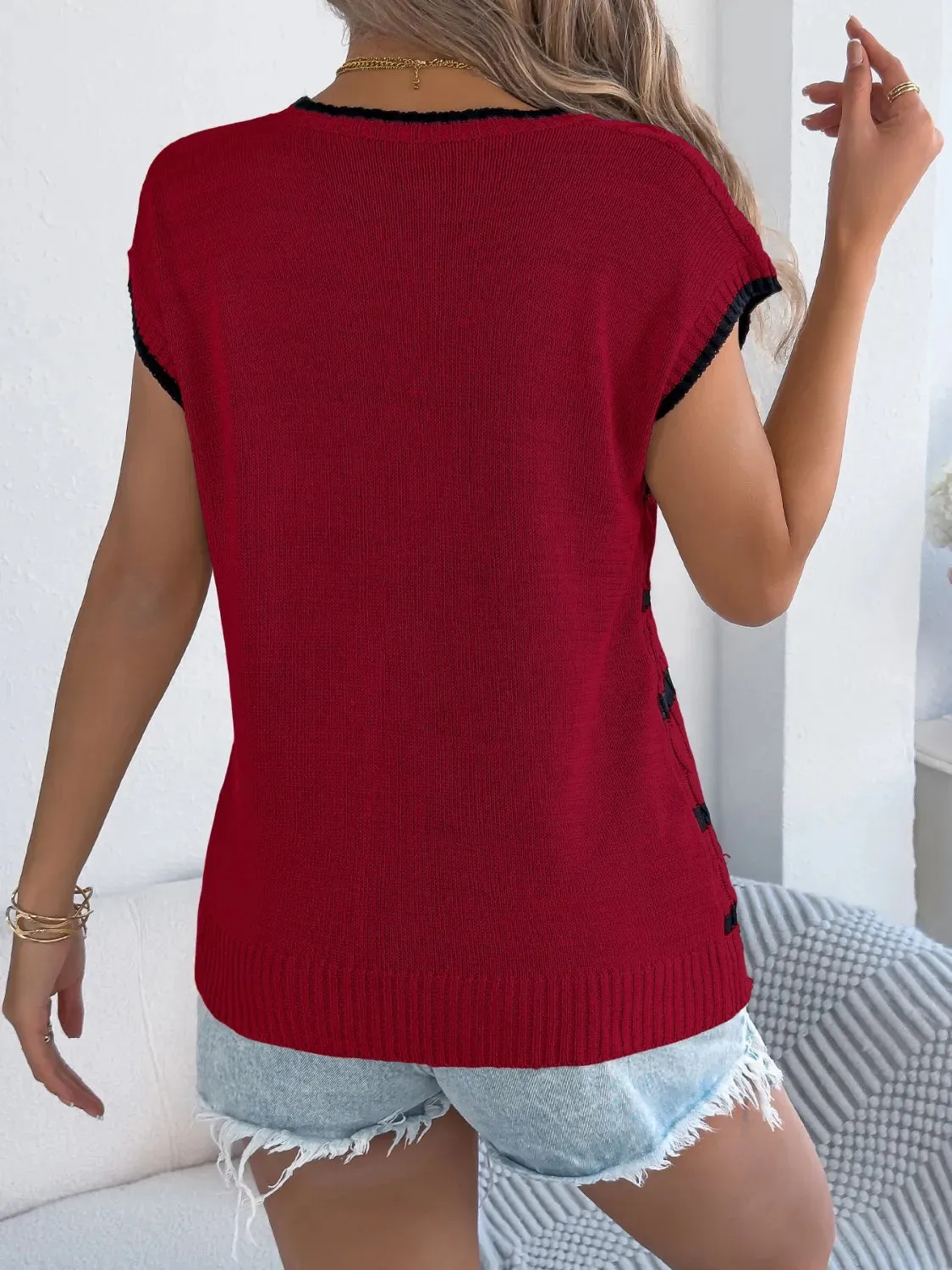 Cable-Knit Striped Round Neck Knit Top