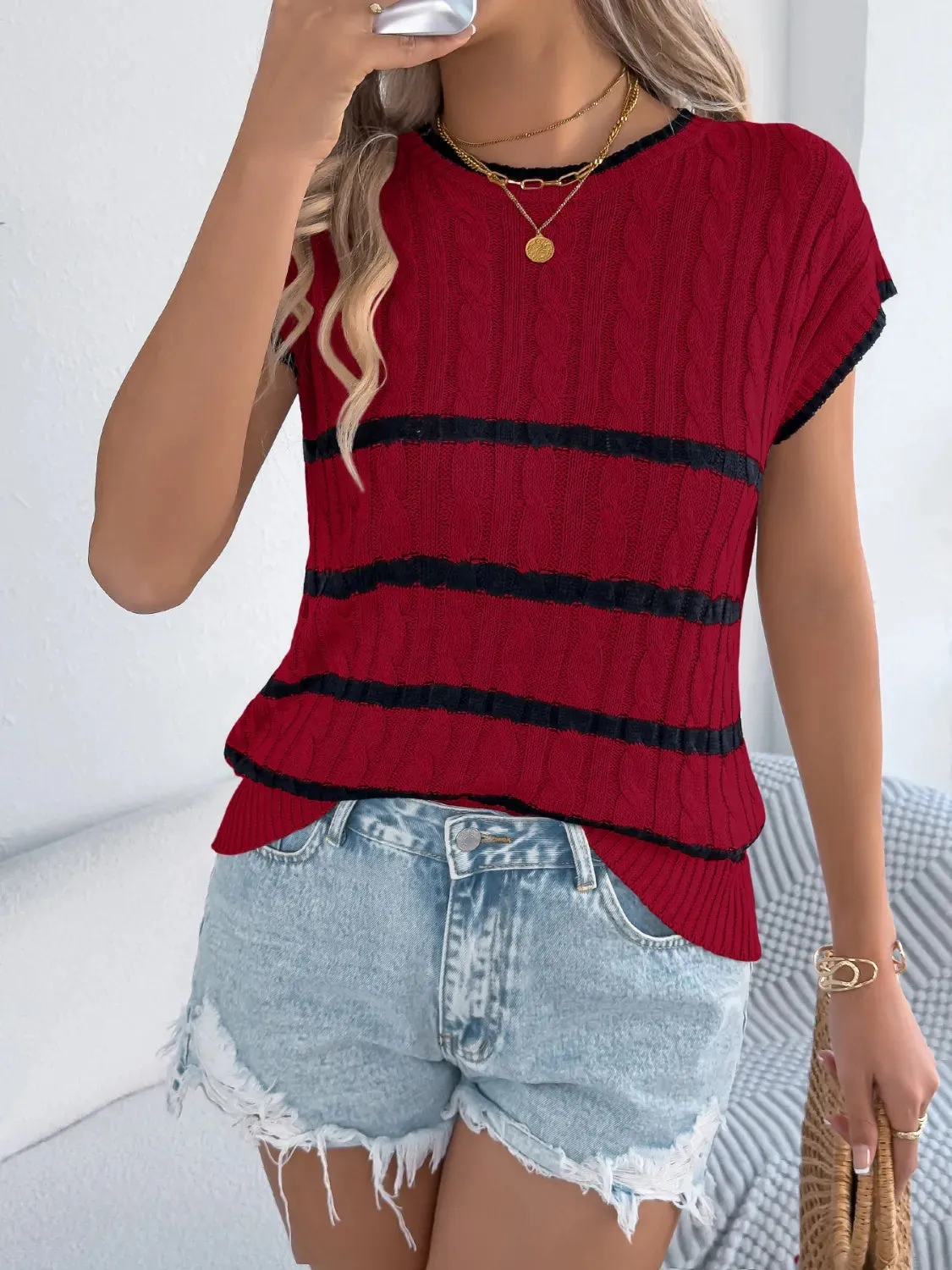 Cable-Knit Striped Round Neck Knit Top