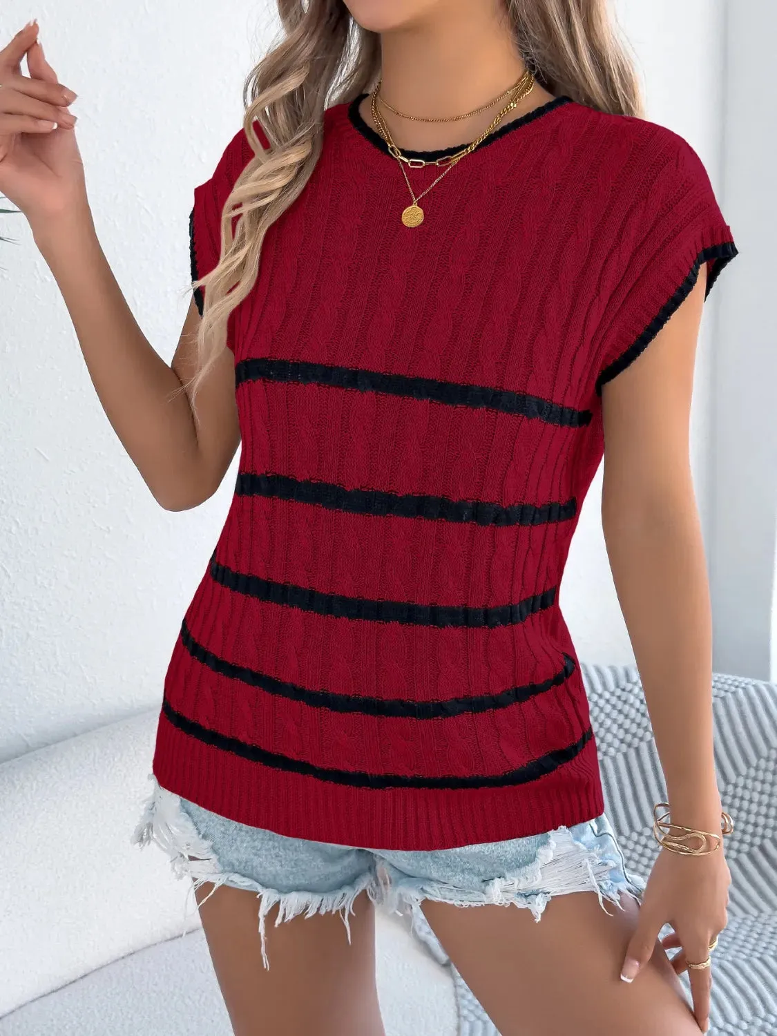 Cable-Knit Striped Round Neck Knit Top