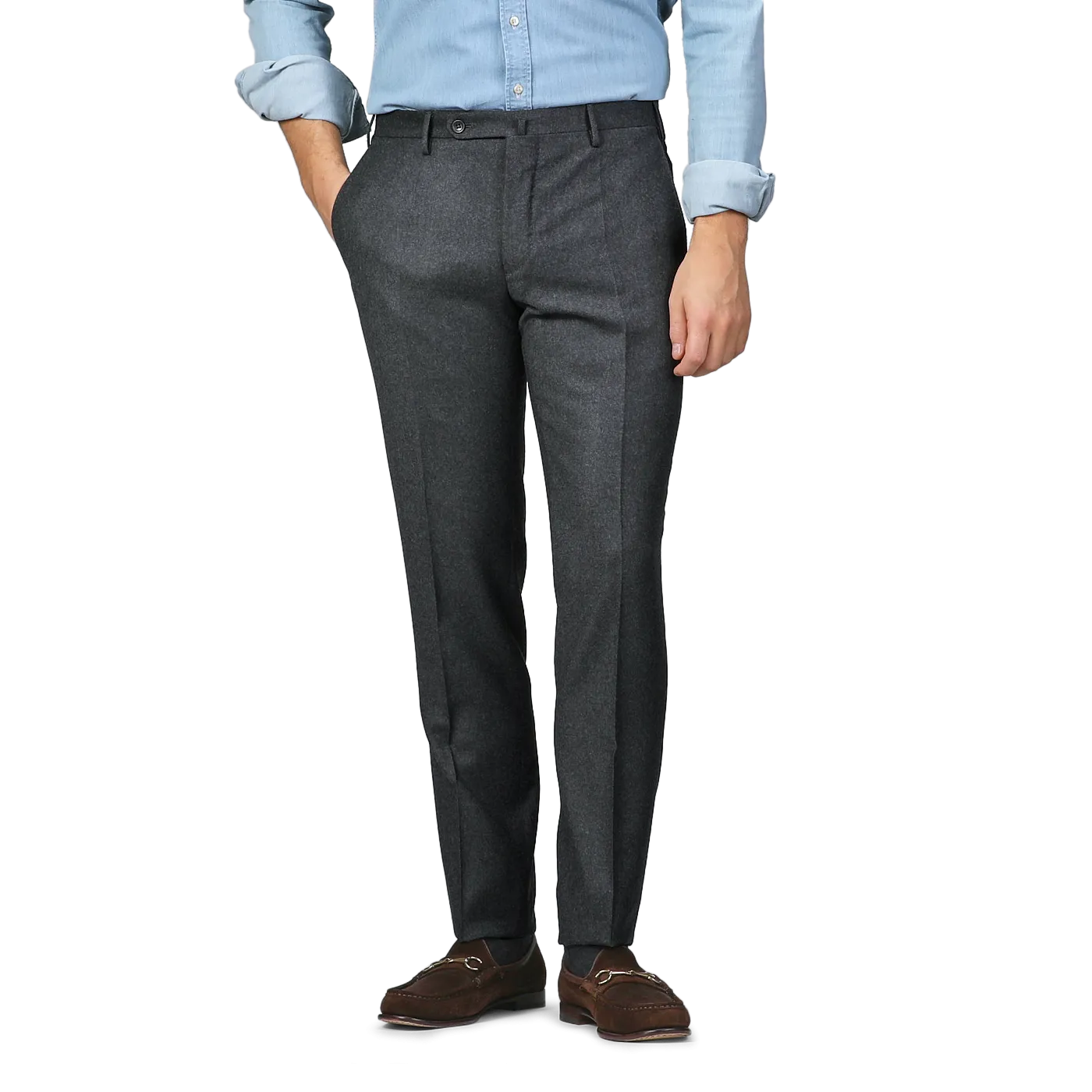 Charcoal Grey Wool Flannel Slim Trousers