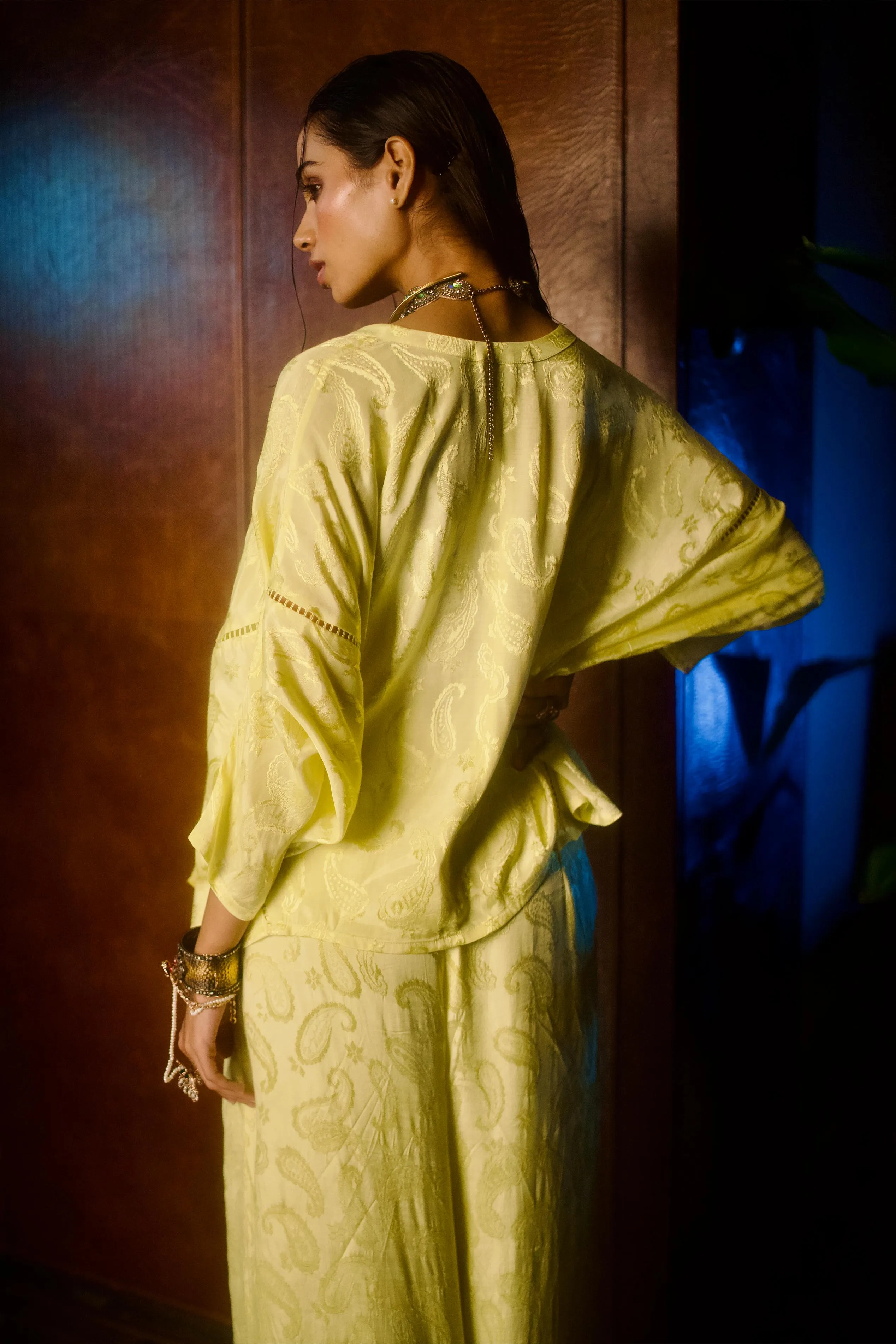 CITRINE BUTTER YELLOW JACQUARD PLEATED PANTS