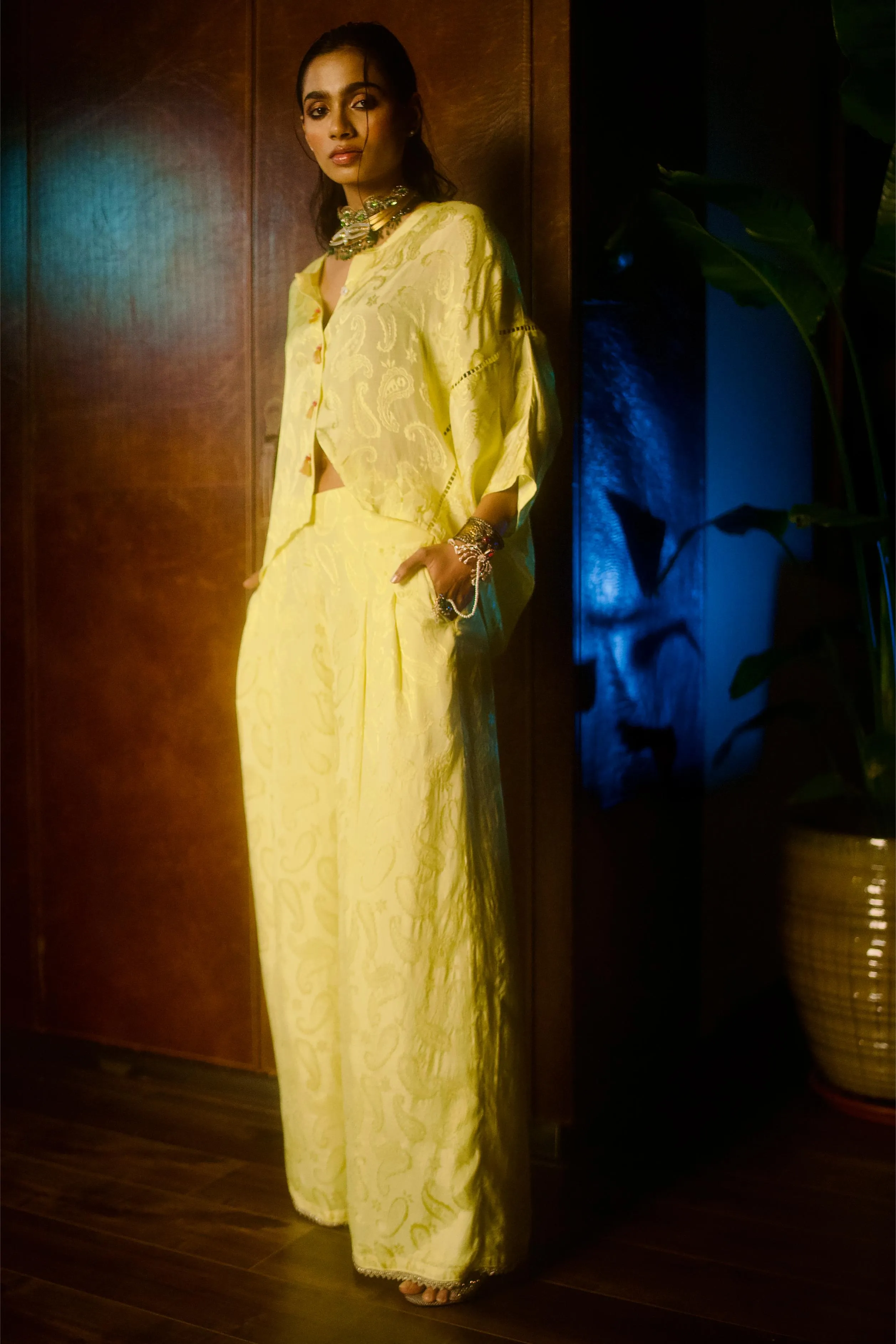 CITRINE BUTTER YELLOW JACQUARD PLEATED PANTS