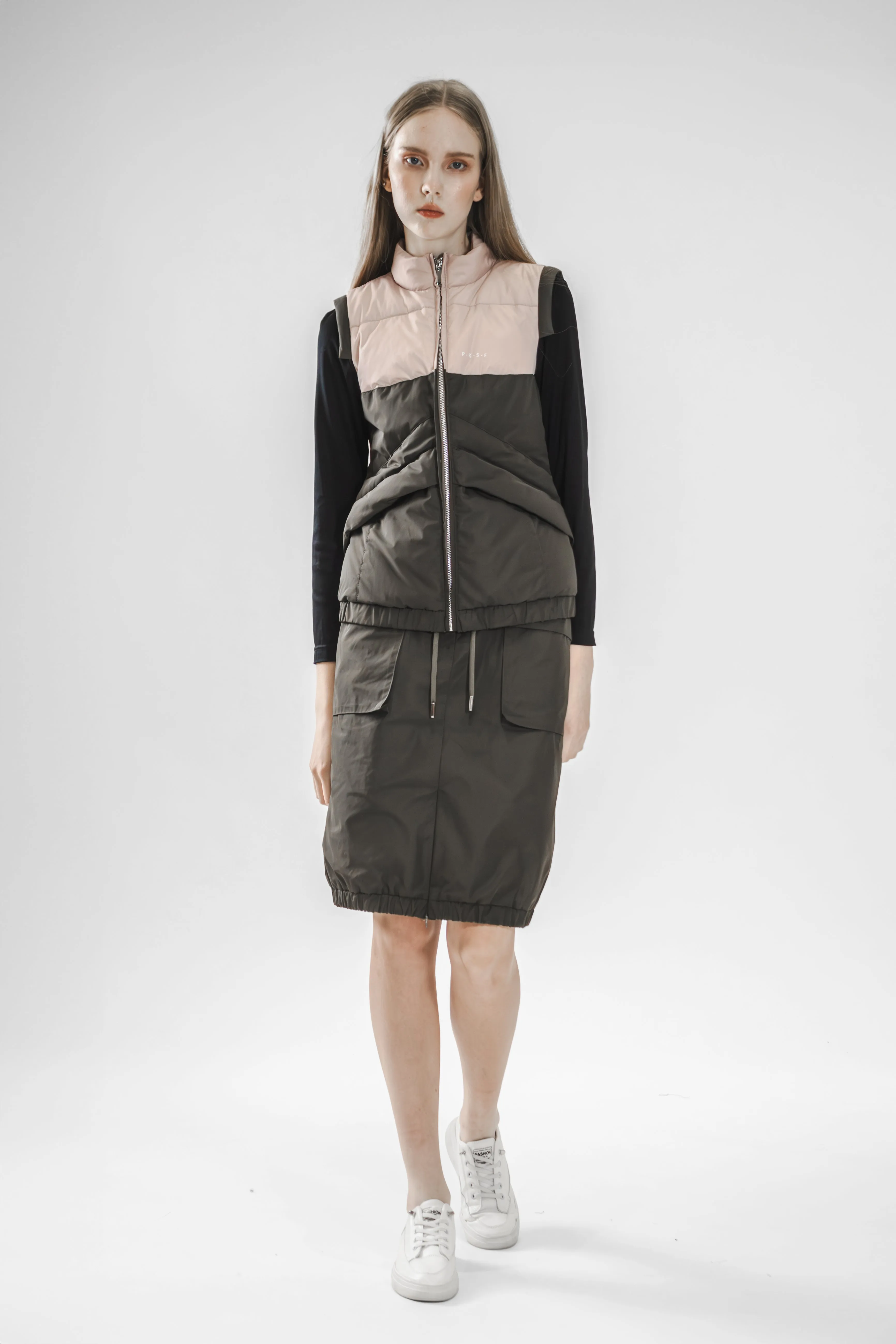 COFFEE PINK/GREEN PINK COLOR-BLOCKED STAND COLLAR VEST