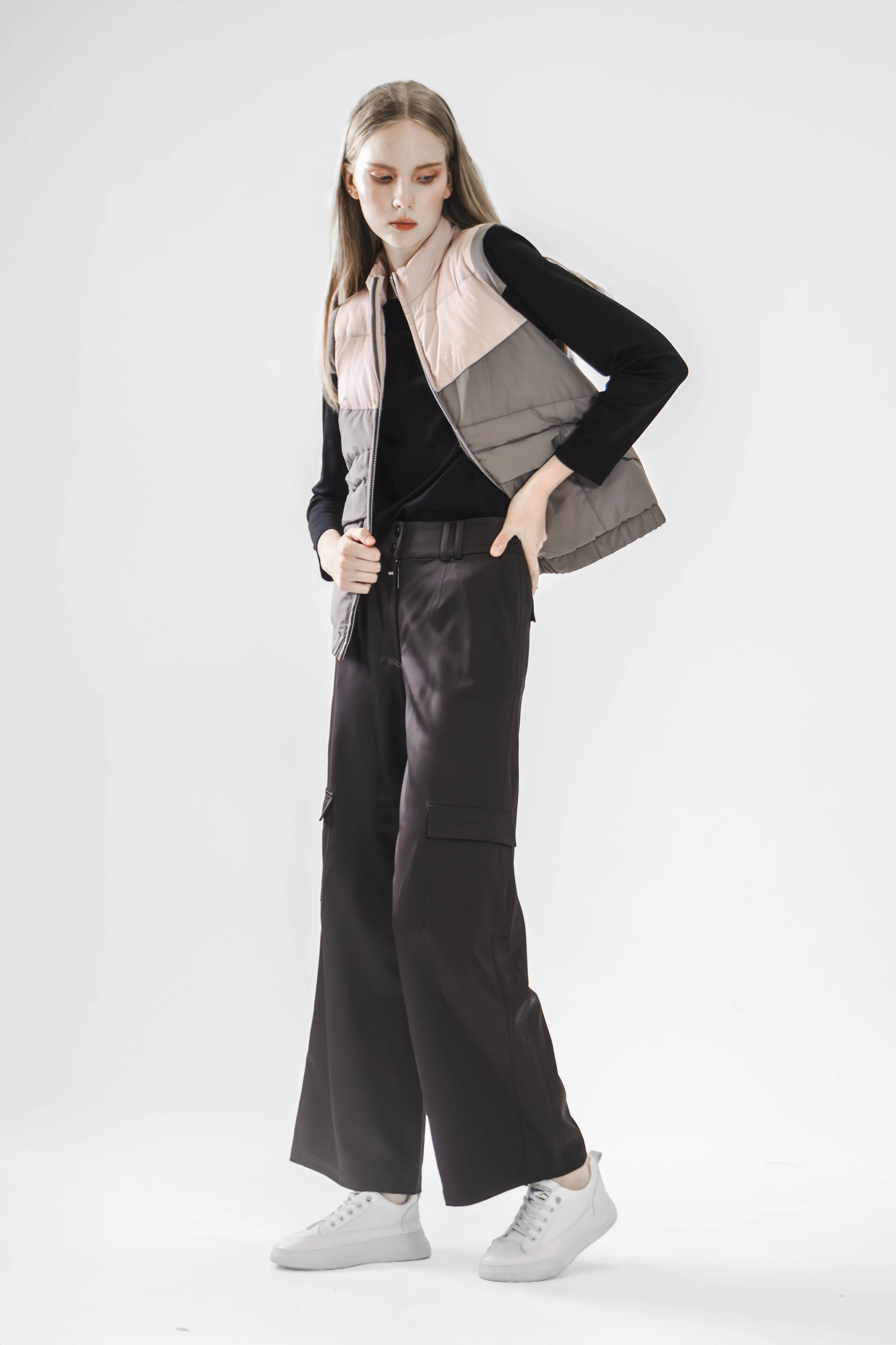 COFFEE PINK/GREEN PINK COLOR-BLOCKED STAND COLLAR VEST