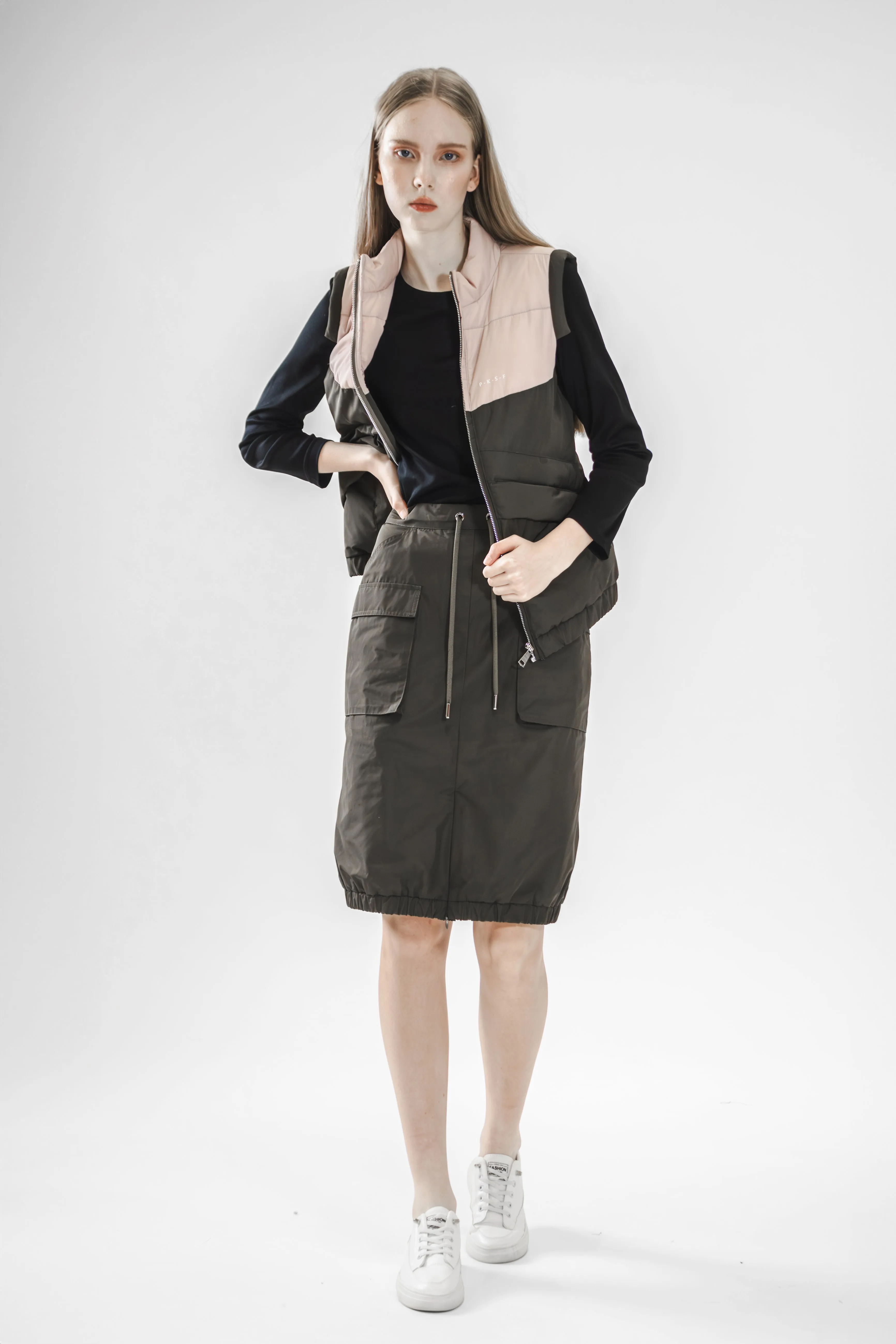 COFFEE PINK/GREEN PINK COLOR-BLOCKED STAND COLLAR VEST