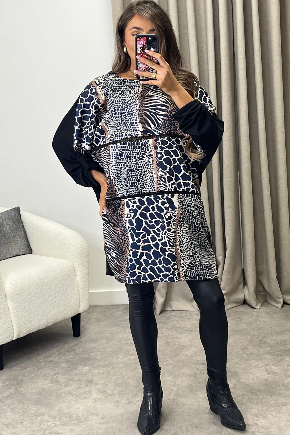 Dalia Blue Leopard Print Ruched Sleeve Oversized Top