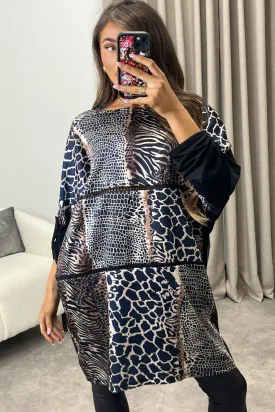 Dalia Blue Leopard Print Ruched Sleeve Oversized Top