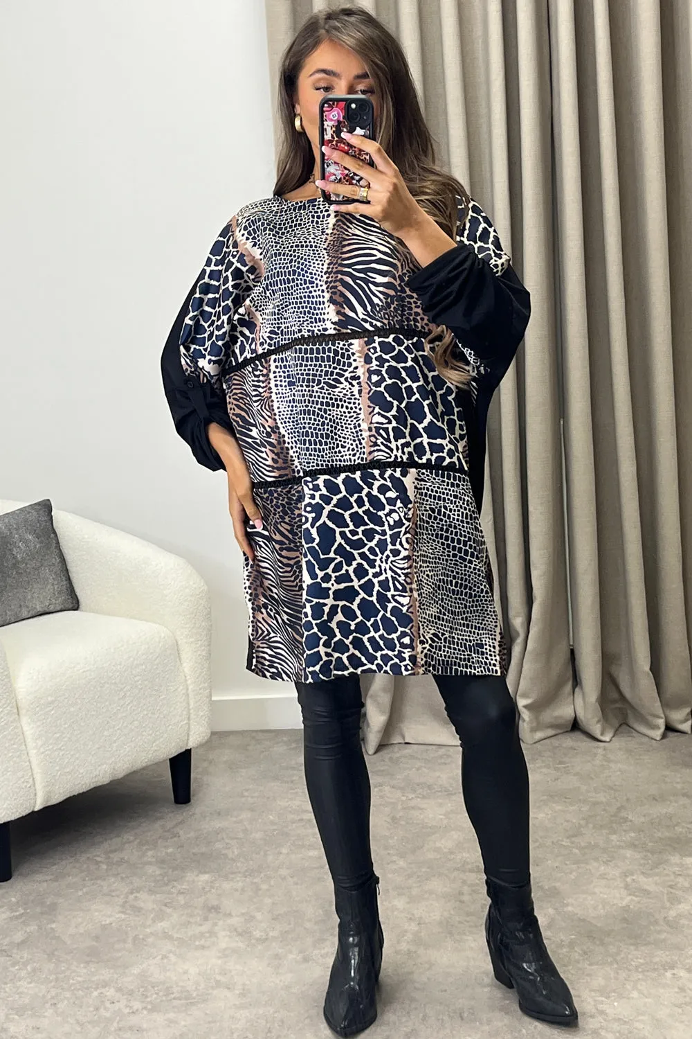 Dalia Blue Leopard Print Ruched Sleeve Oversized Top