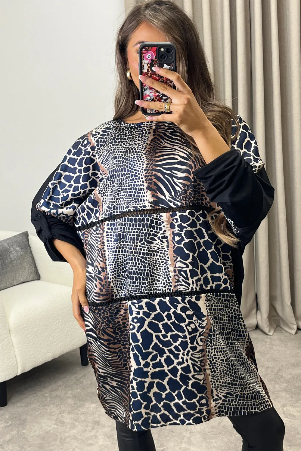 Dalia Blue Leopard Print Ruched Sleeve Oversized Top