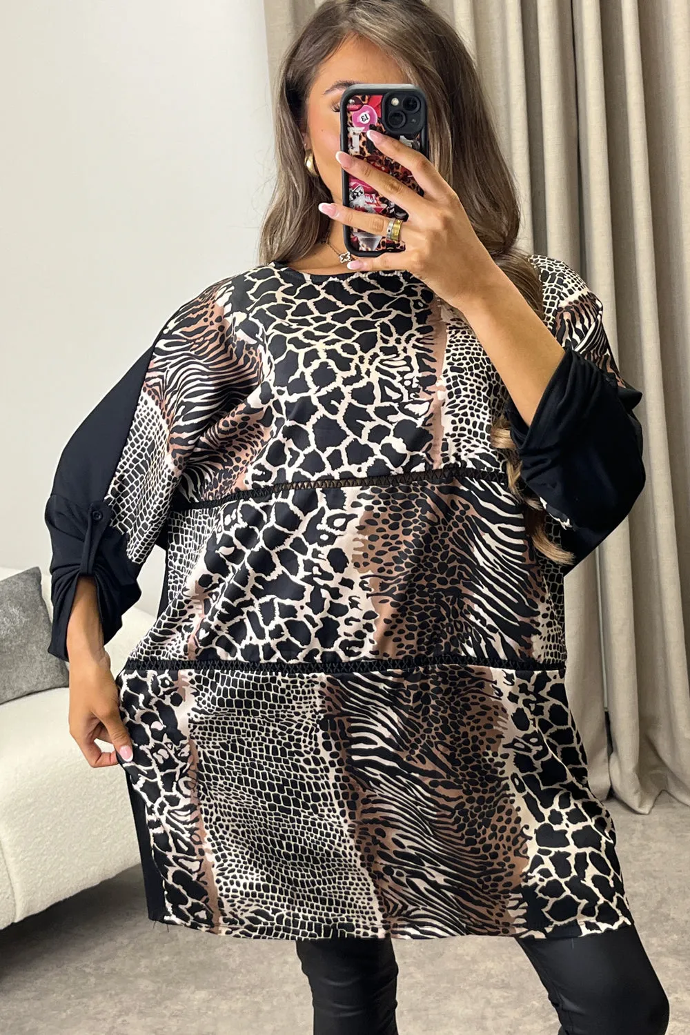 Dalia Brown Leopard Print Ruched Sleeve Oversized Top