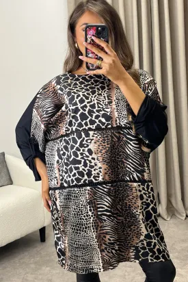 Dalia Brown Leopard Print Ruched Sleeve Oversized Top