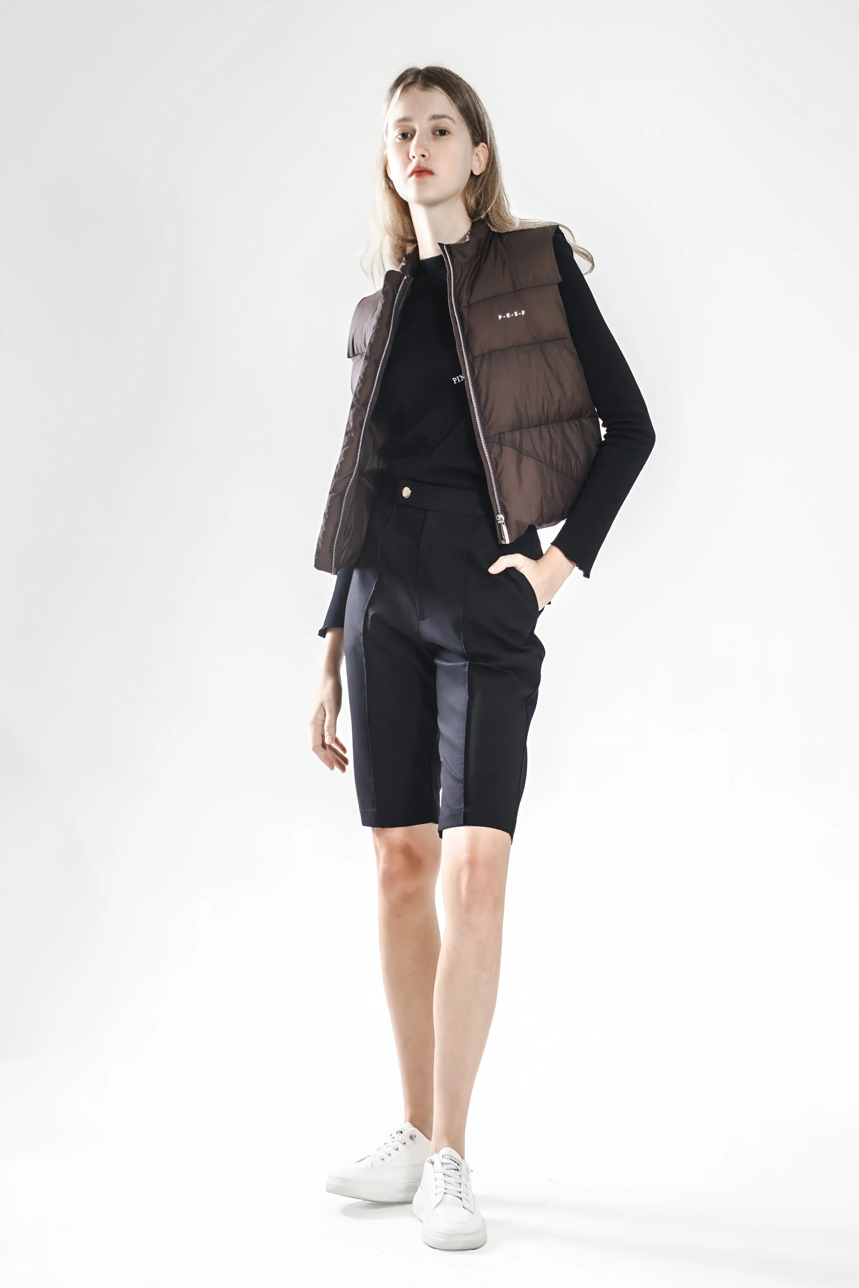 GREEN/BURGUNDY/DARK BROWN STAND-UP COLLAR DOWN VEST