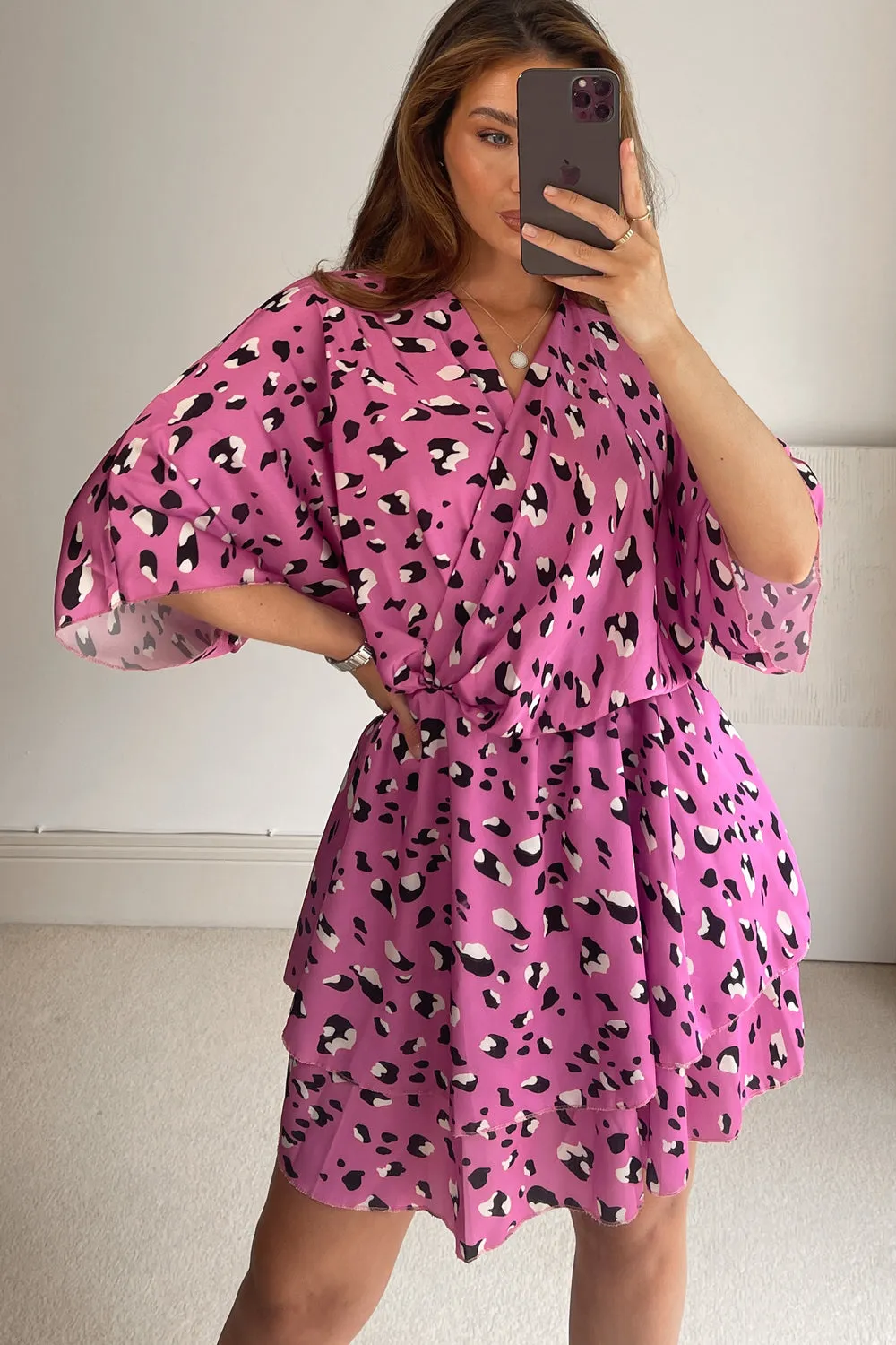 Kacey Purple Leopard Print Wrap Frill Hem Dress