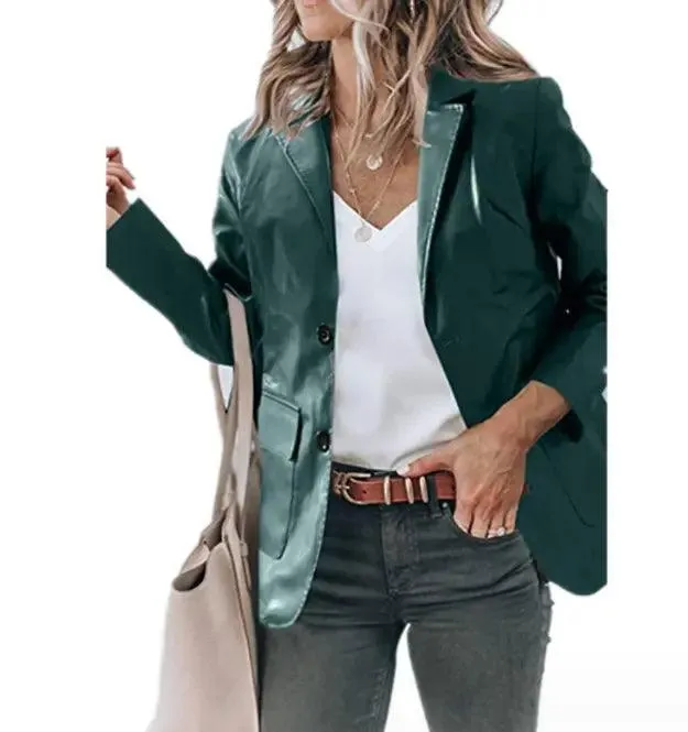 Lapel Single-Breasted PU Black Leather Trench Coat Outerwear