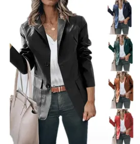 Lapel Single-Breasted PU Black Leather Trench Coat Outerwear