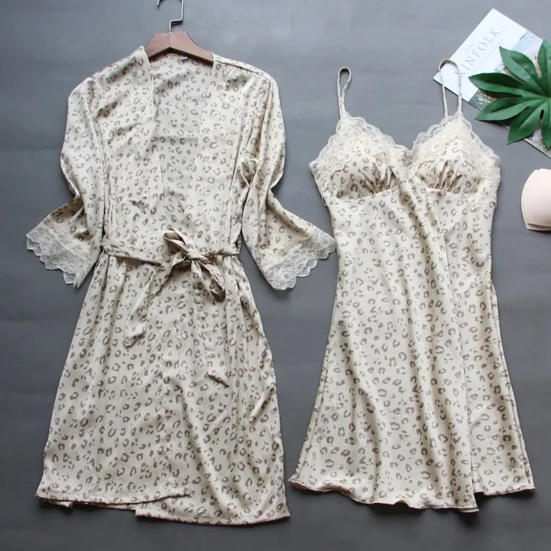 Leopard Print Floral Lace Trim Silk Loungewear Set