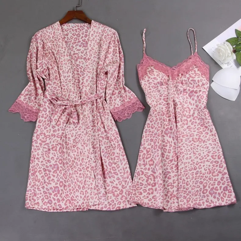 Leopard Print Floral Lace Trim Silk Loungewear Set