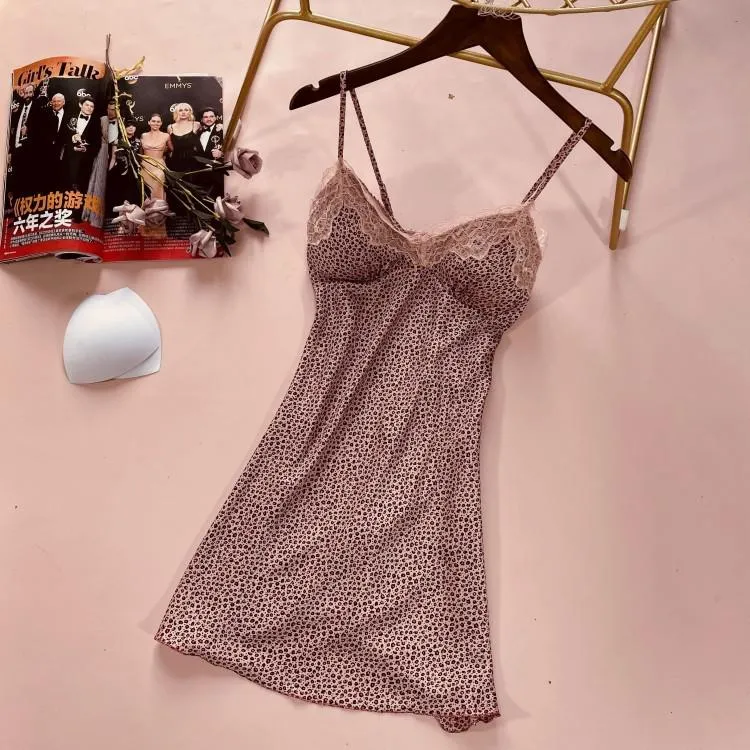 Leopard Print Floral Lace Trim Silk Loungewear Set