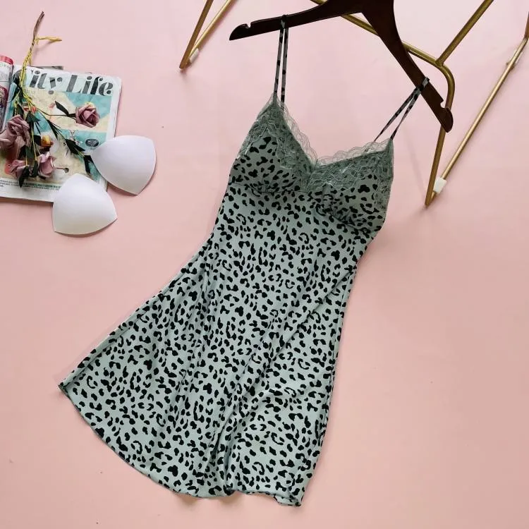 Leopard Print Floral Lace Trim Silk Loungewear Set