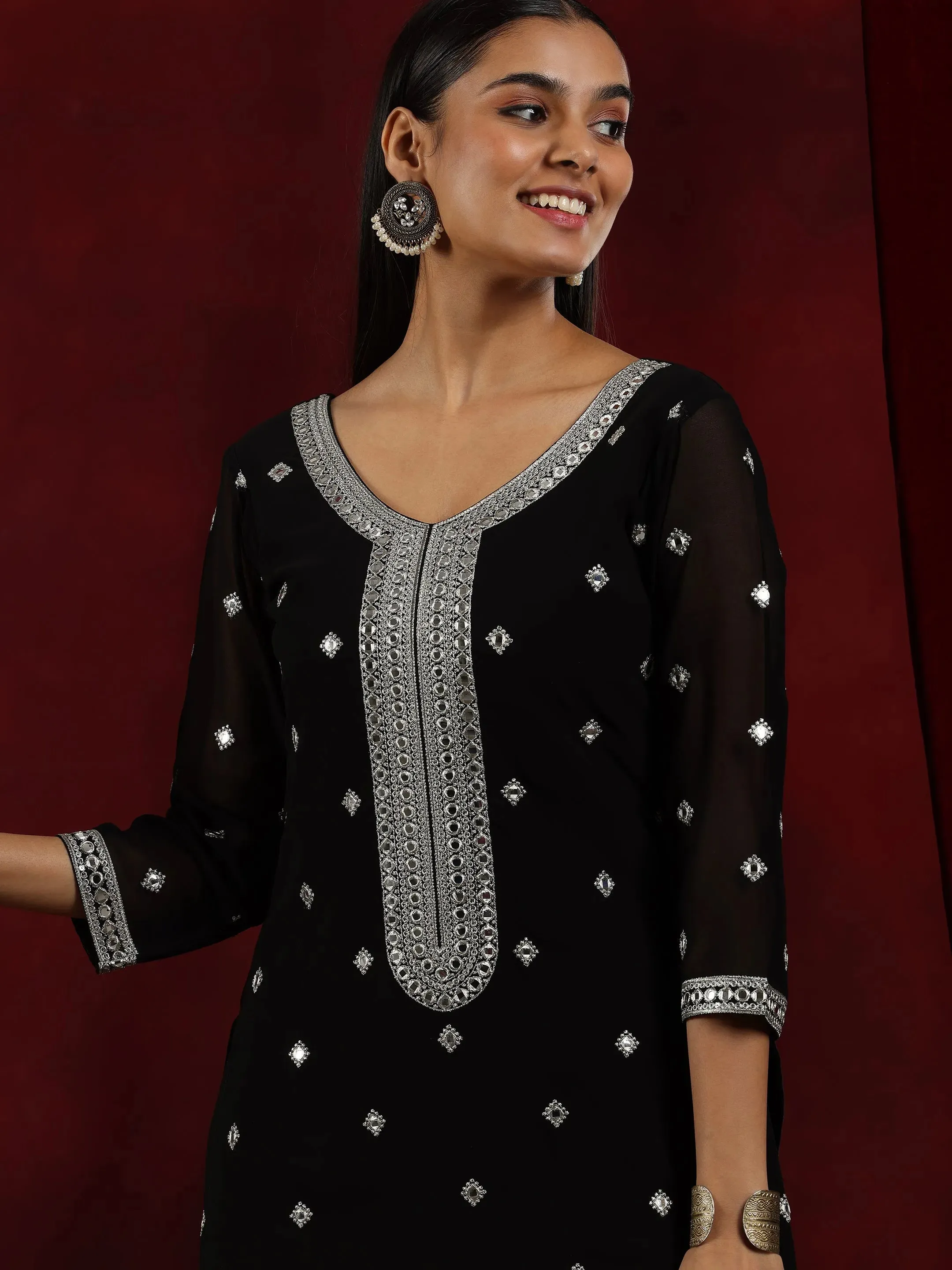 Libas Art Black Embroidered Georgette Straight Suit With Dupatta