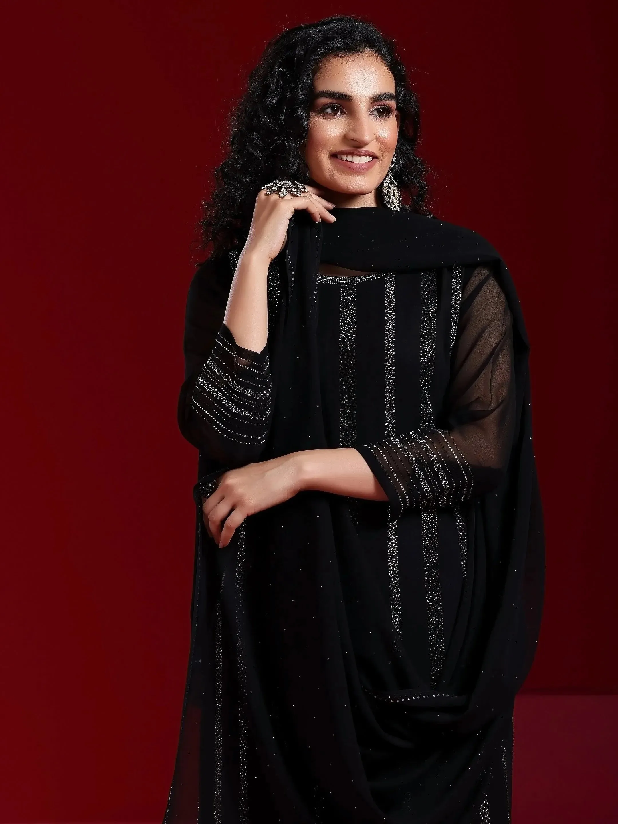 Libas Art Black Striped Georgette Straight Suit With Dupatta