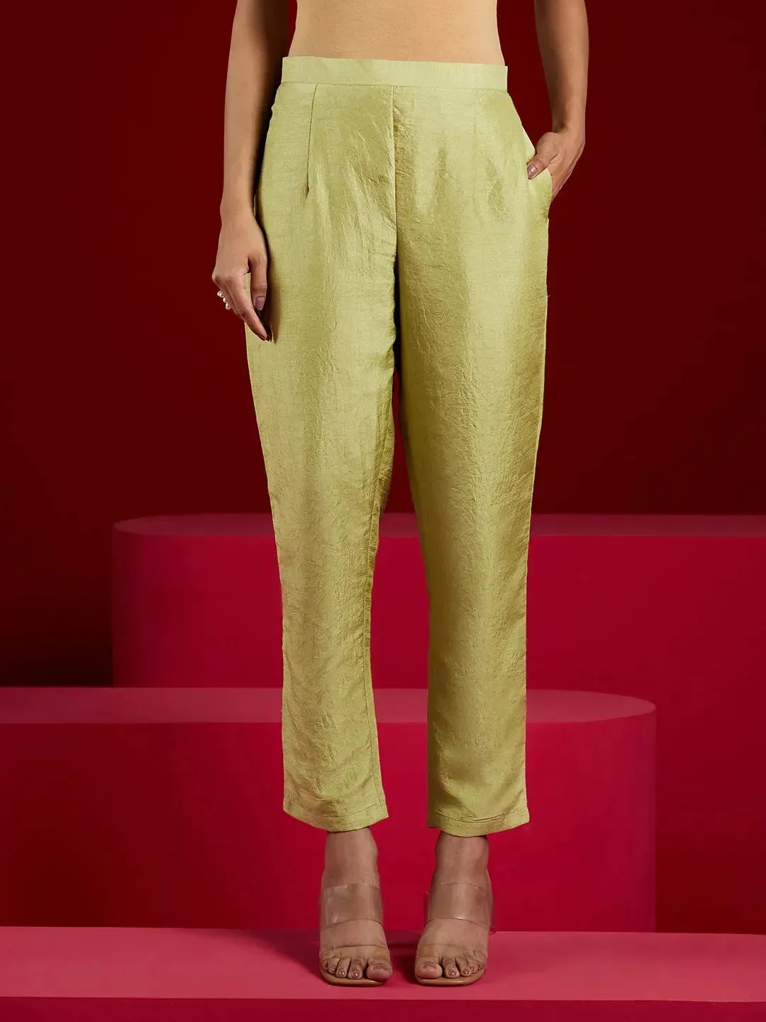 Libas Art Green Embroidered Silk A-Line Kurta With Trousers & Dupatta