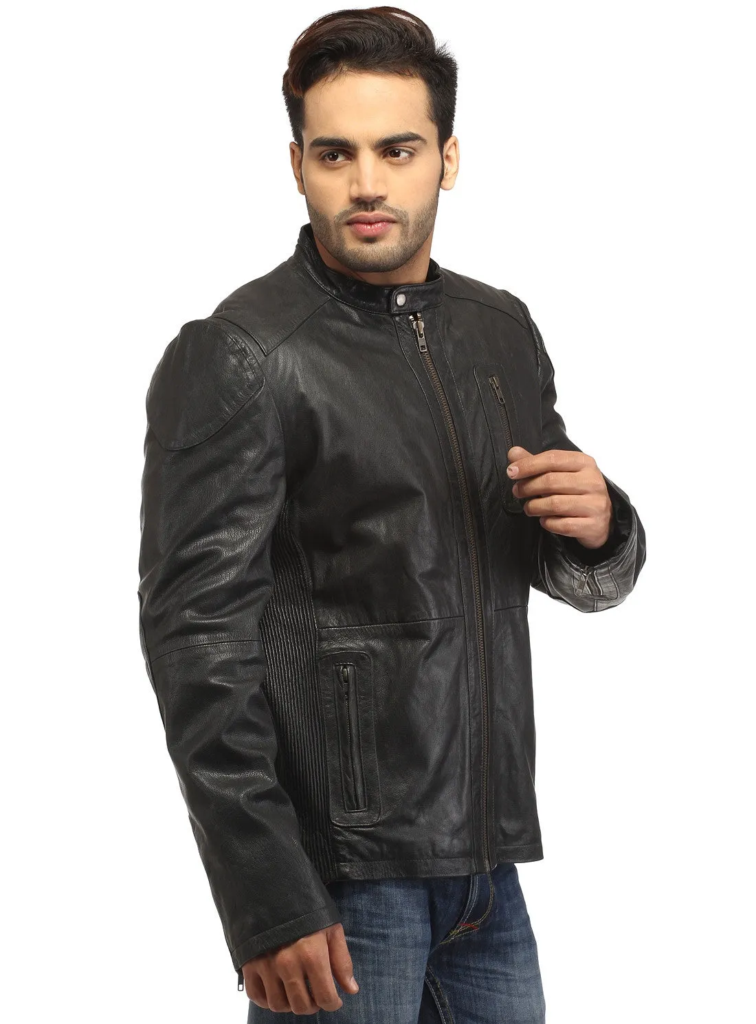 Men Straight Fitted Leather Biker Casual Jacket