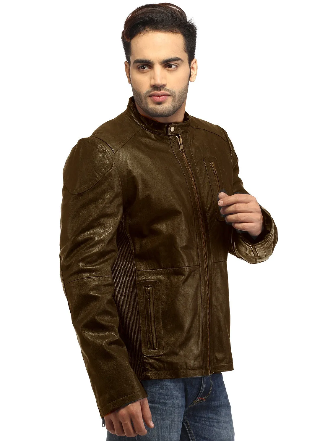 Men Straight Fitted Leather Biker Casual Jacket