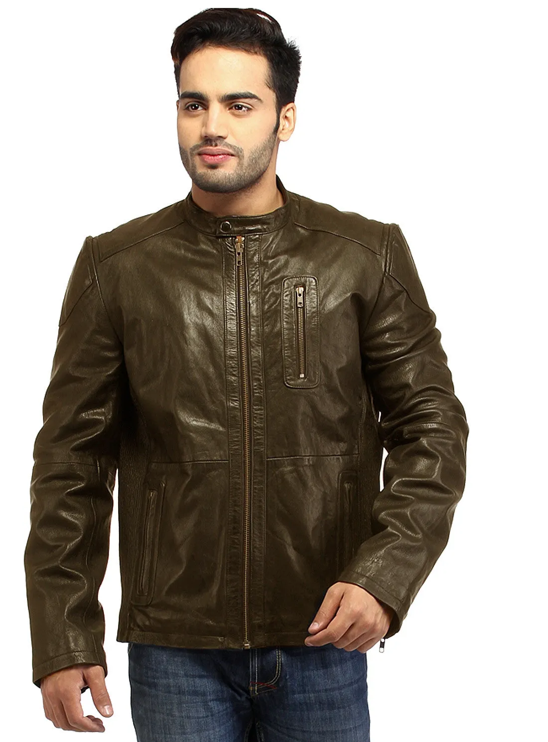 Men Straight Fitted Leather Biker Casual Jacket