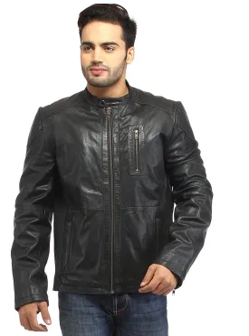 Men Straight Fitted Leather Biker Casual Jacket