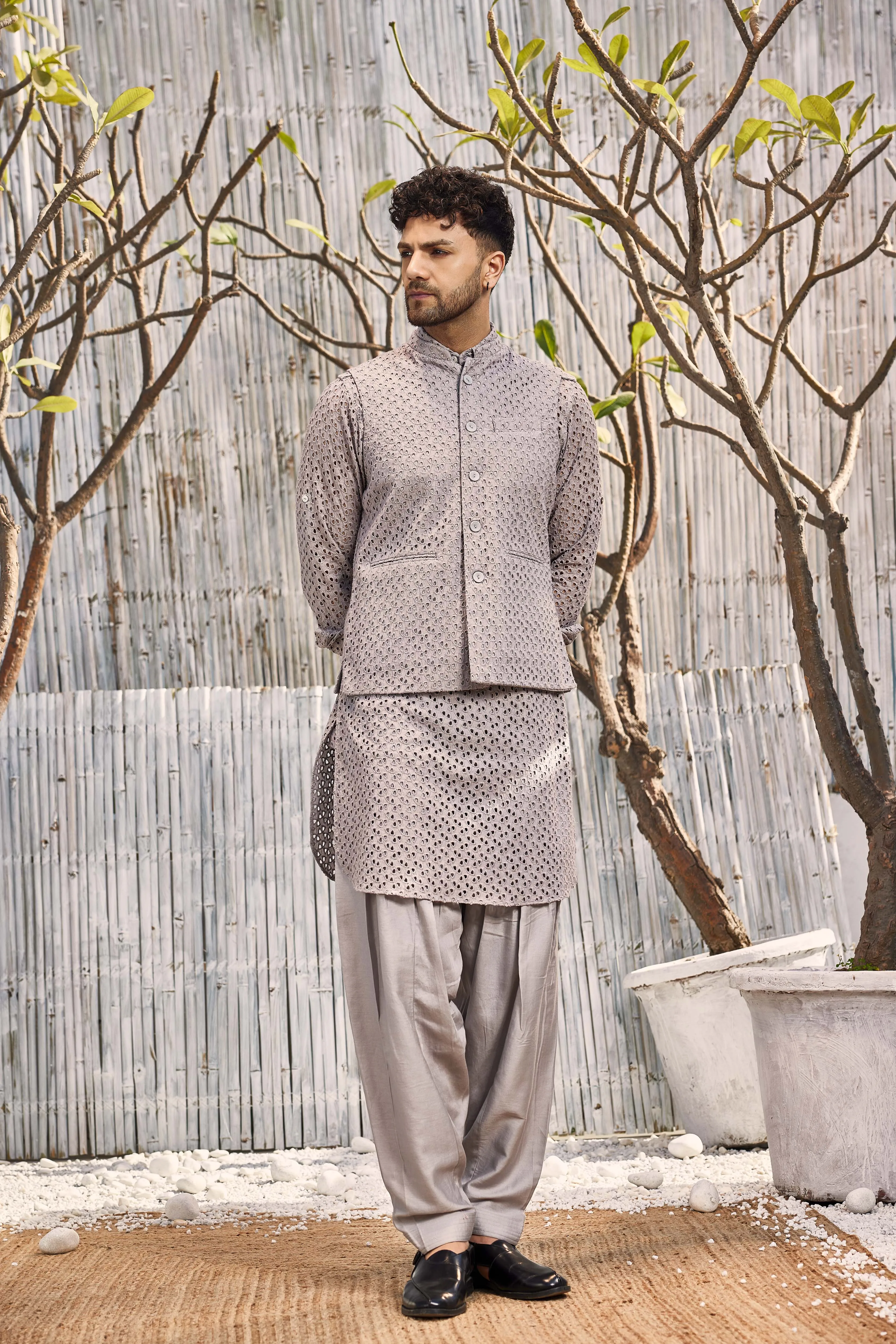 Men's Grey Cutwork Bundi Jacket - Set of 1